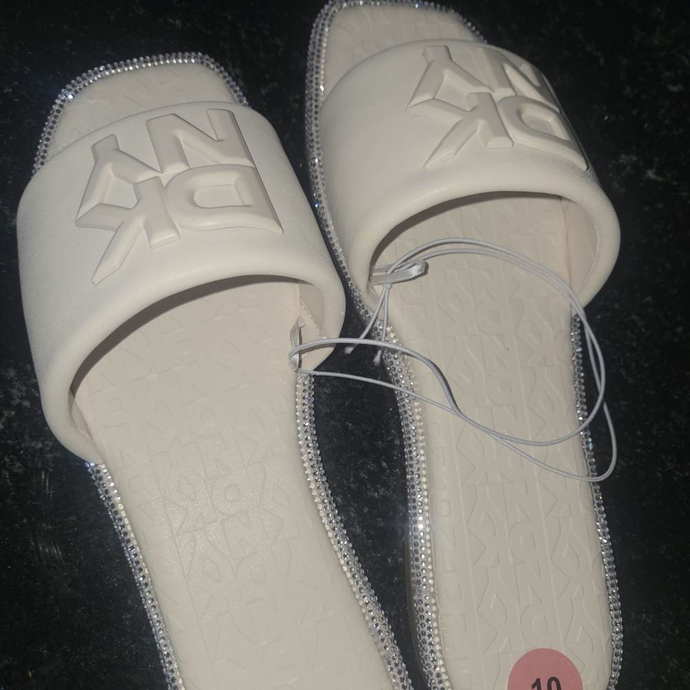 DKNY White Slide Sandals with Embossed Logo and Rhinestone Trim - Picture 4 of 4